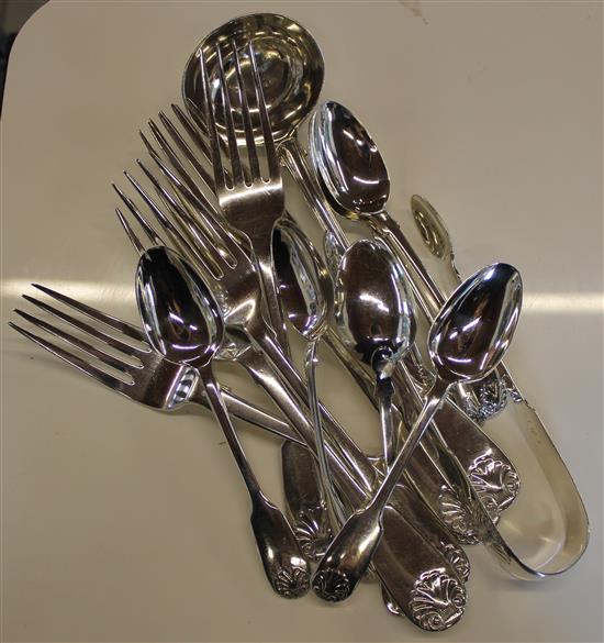 6 silver table forks, 6 silver teaspoons, a sauce ladle & 1 pr sugar tongs